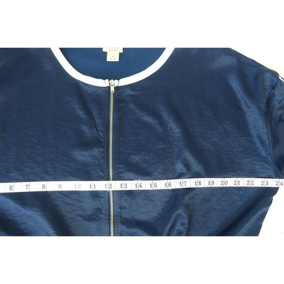 Woman's Blue Satin Jacket LARGE Zip-Up Y2K White Trim Cinch Tie Waist - Picture 5 of 7